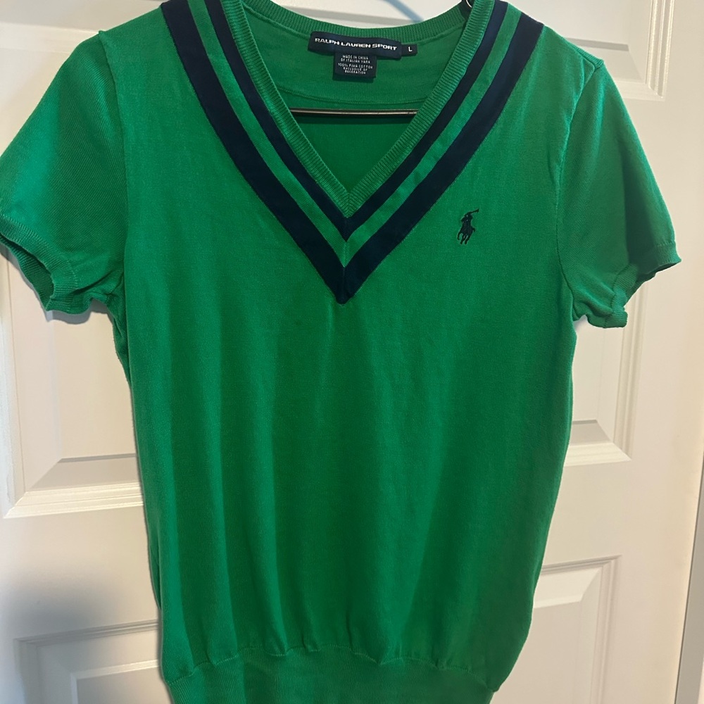 Ralph Lauren Green Short Sleeve V-Neck Polo Tee with Navy Trim